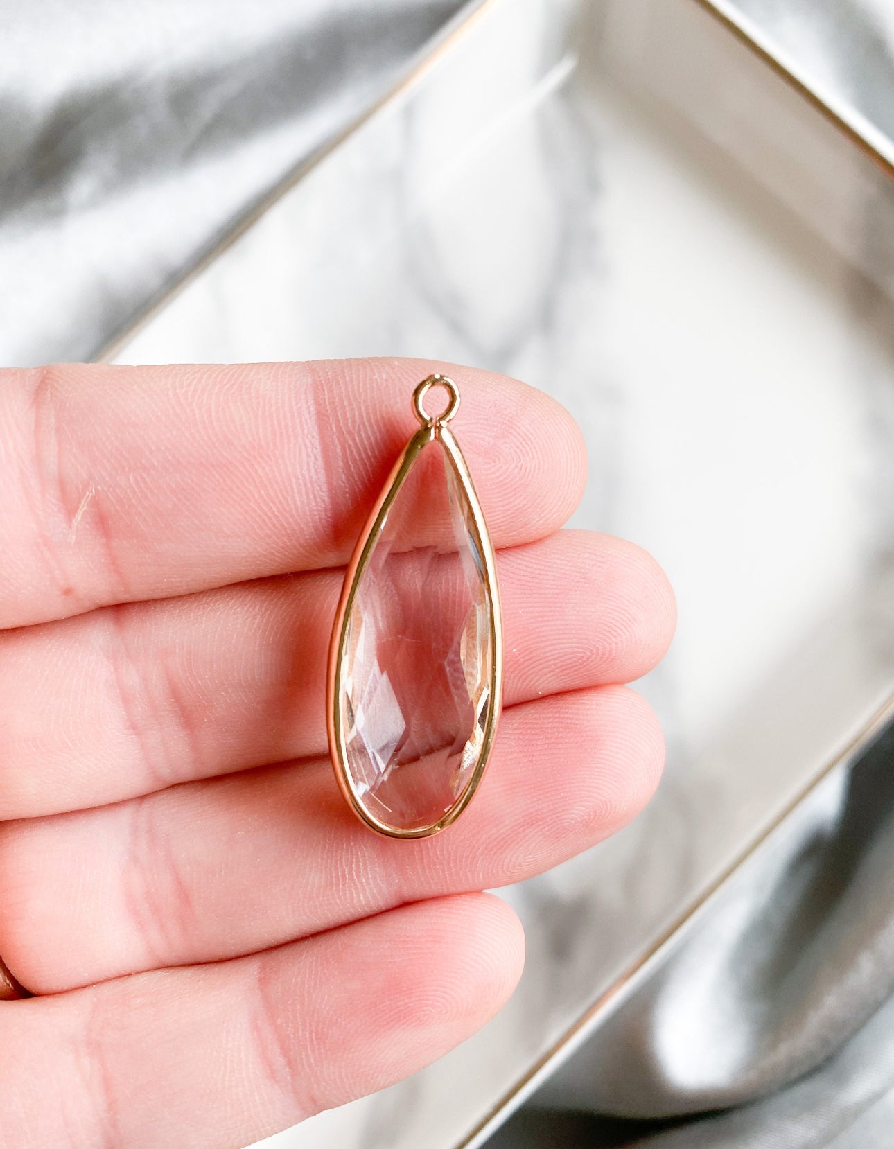 Long glass teardrop gold charm