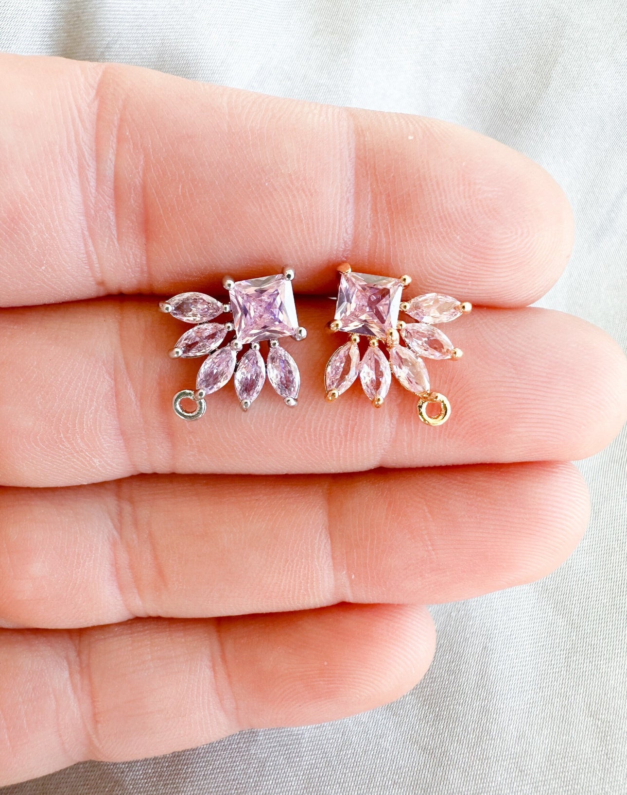 Pink Cubic Zirconia Earring Leaf Post