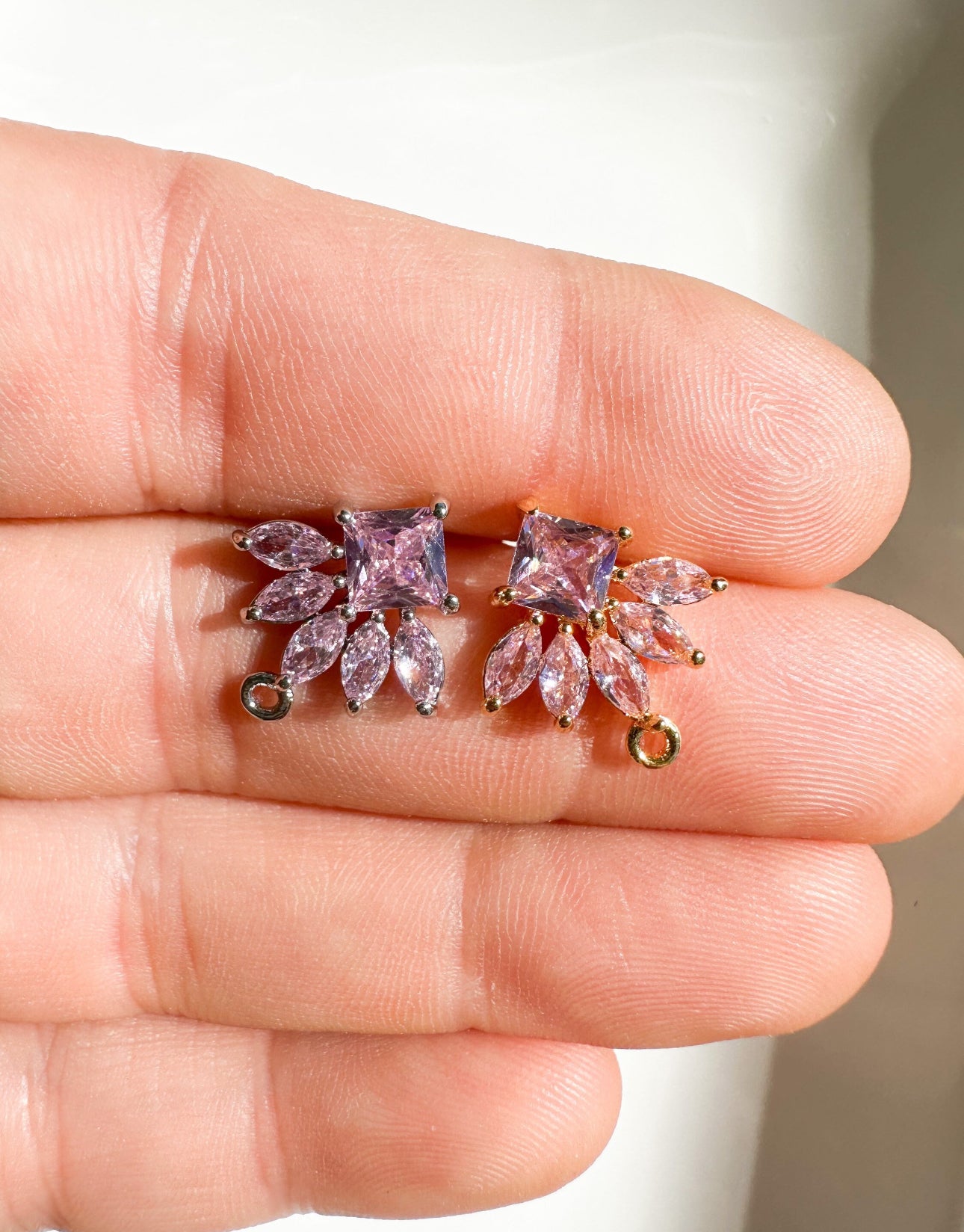 Pink Cubic Zirconia Earring Leaf Post