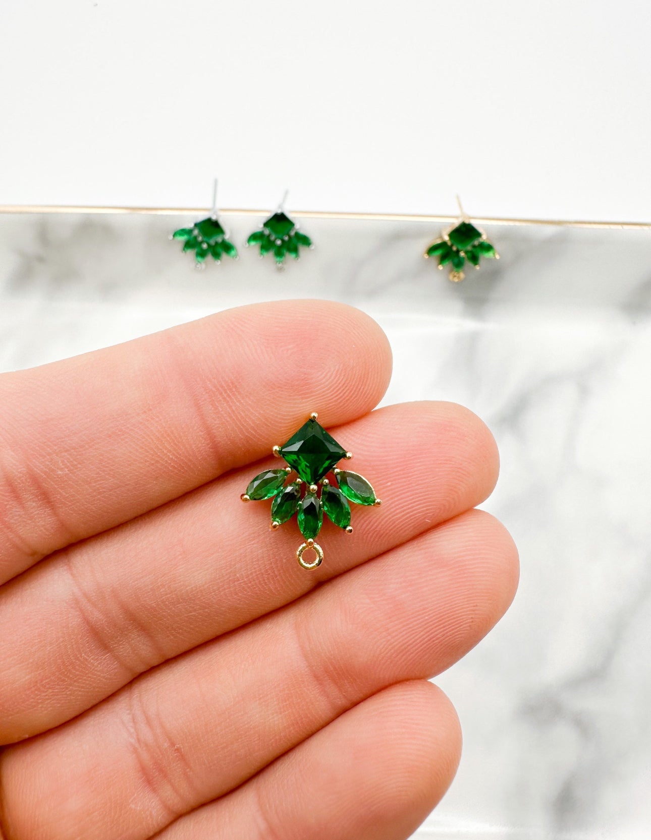 Green Cubic Zirconia Earring Leaf Post