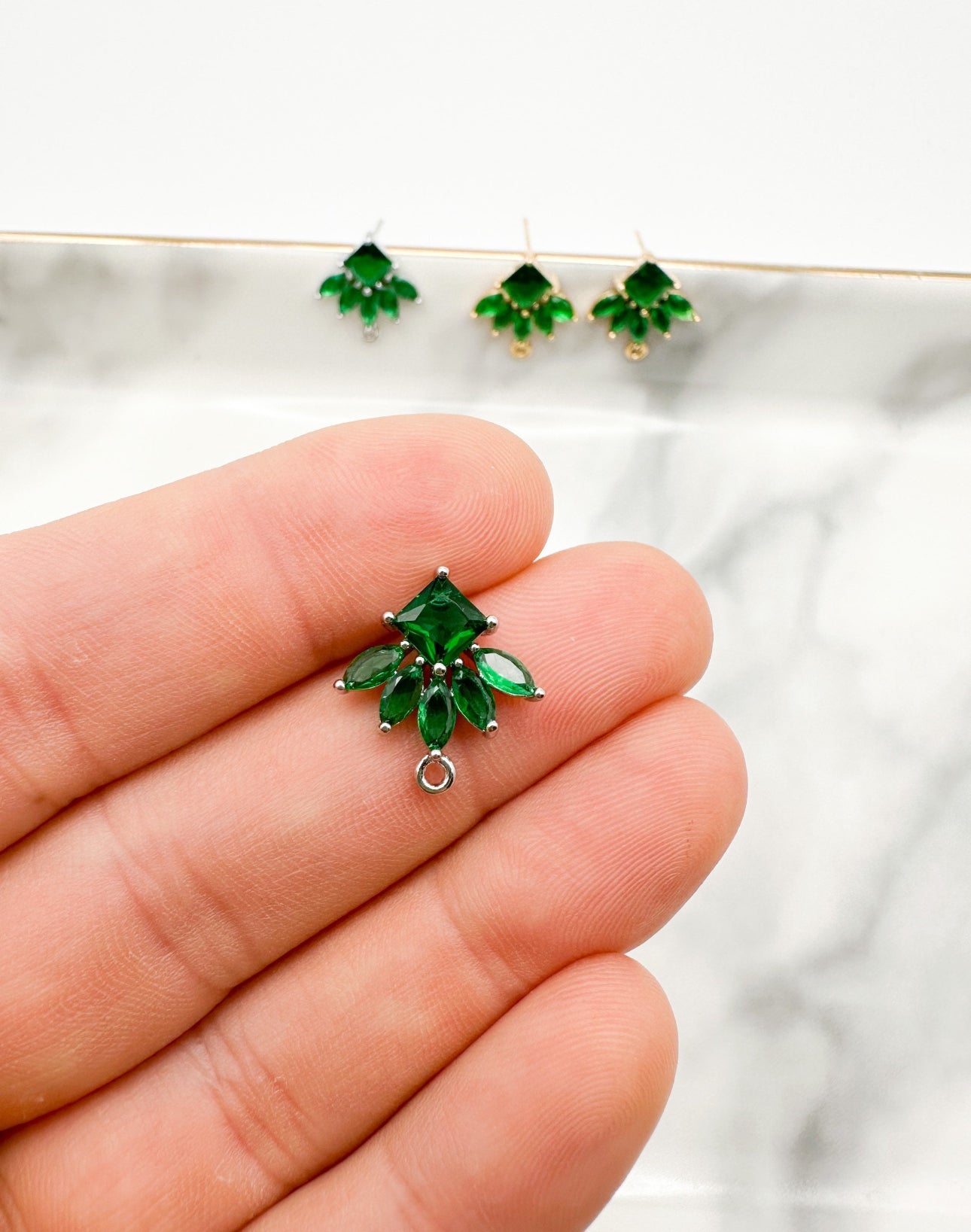 Green Cubic Zirconia Earring Leaf Post