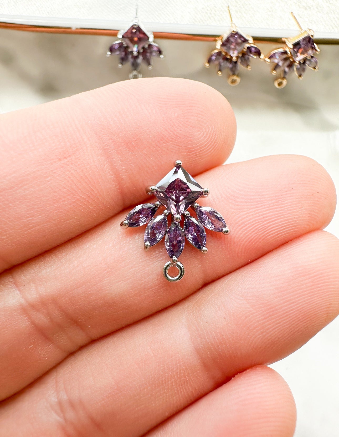 Purple Cubic Zirconia Earring Leaf Post