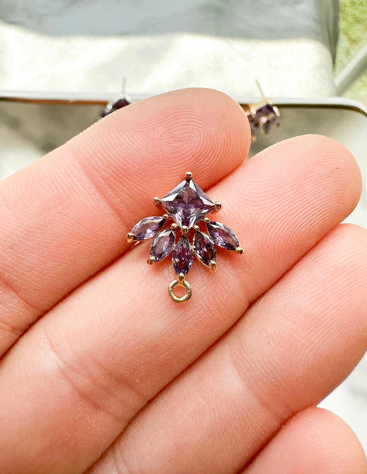 Purple Cubic Zirconia Earring Leaf Post