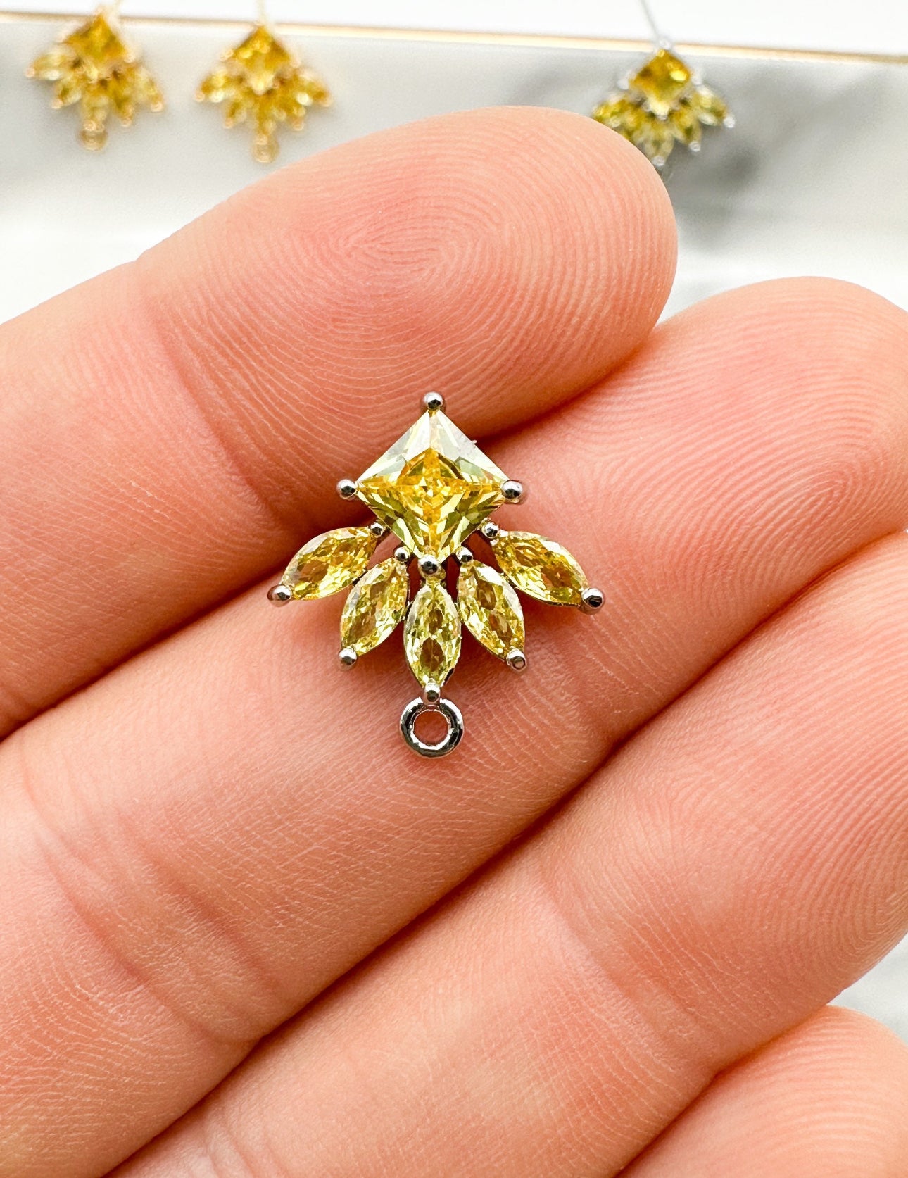 Yellow Cubic Zirconia Earring Leaf Post