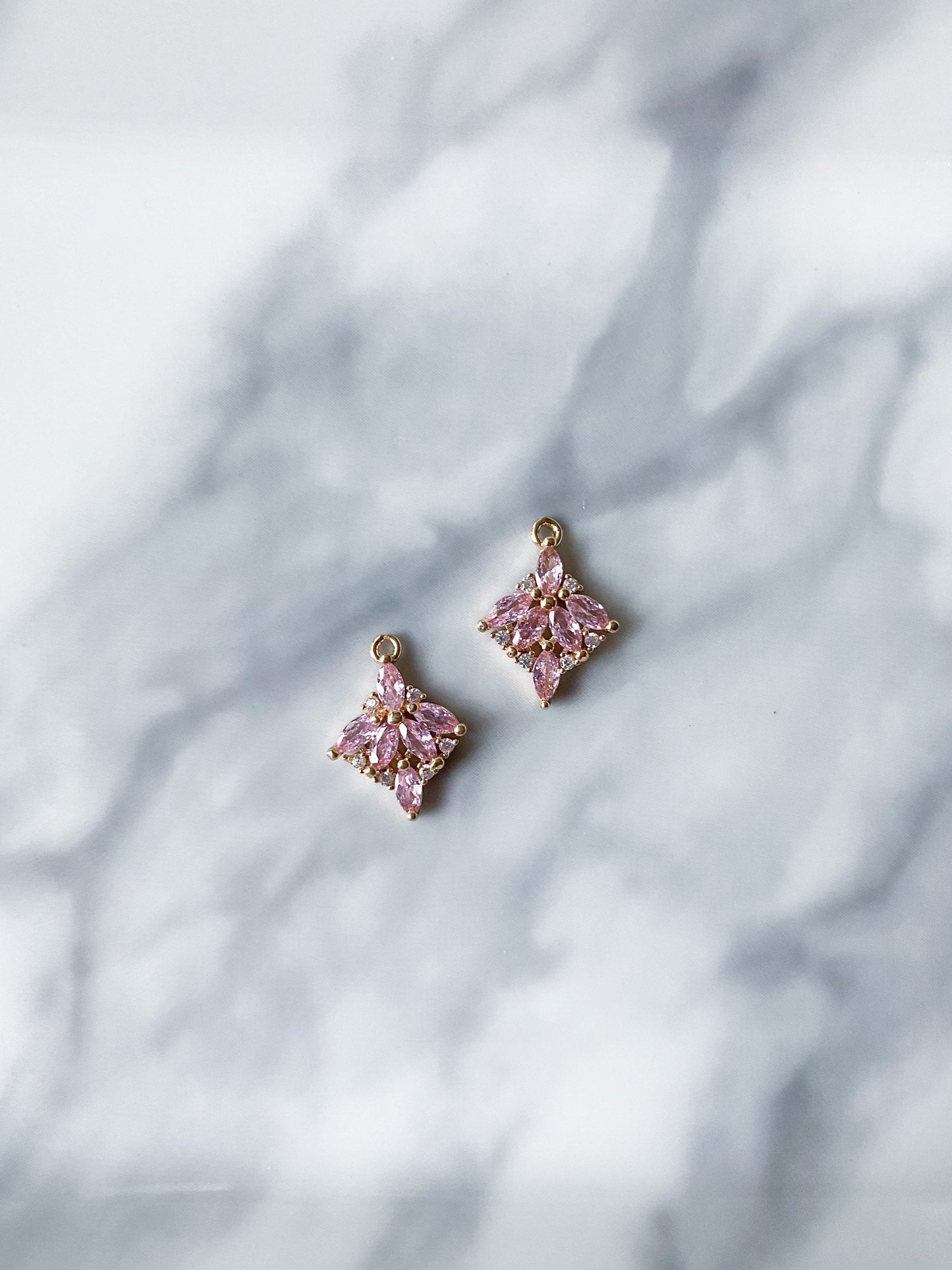 Pink cubic zirconia gold plated teardrop jewelry making charms