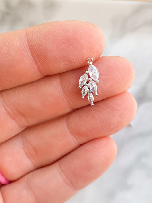 Silver plated small cubic zirconia leaf charm